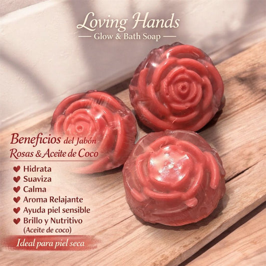 Loving Hands Glow & Bath | Homemade soap bar - Roses & Coconut Oil | Jabón casero en barra - Rosas y Aceite de Coco