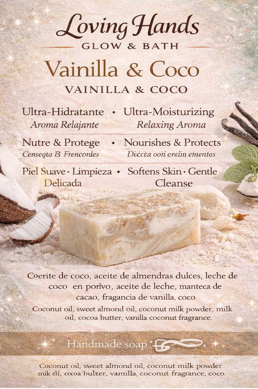 Loving Hands Glow & Bath | Homemade soap bar - Vanilla & Coco | Jabón casero en barra - Vainilla y Coco