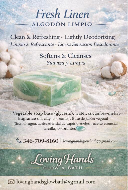 Loving Hands Glow & Bath | Homemade soap bar - Fresh Linen | Jabón casero en barra - Aroma a ropa limpia
